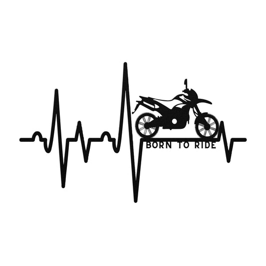 A black silhouette of a heartbeat line with a motorcycle and the phrase "born to ride" integrated into the design, crafted as a Motorcycle Heartbeat Born To Ride Metal Wall Art Sign.