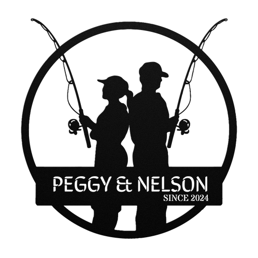 The "Mr and Mrs Fishing" sign features a sleek metal silhouette of two people back-to-back with fishing rods. "Peggy & Nelson Since 2024" is elegantly displayed below, perfect for home decor. A powder-coated finish ensures durability and charm.