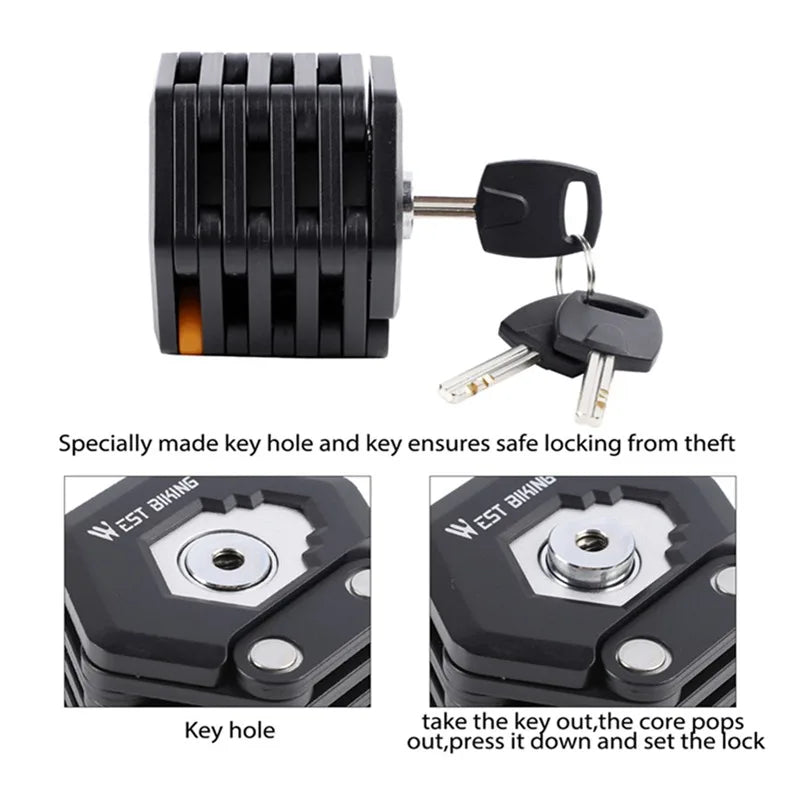 Black hexagonal folding bike lock with a key inserted and another key attached. The lock is labeled "WEST BIKING." This anti-theft heavy-duty, foldable Bike Bicycle Lock Foldable Hamburg-Lock With 3 Keys Bike Chain Lock Alloy Anti-Theft Bicycle Folding Lock Mount Bracket offers superior motorcycle safety, ensuring your ride is secure.