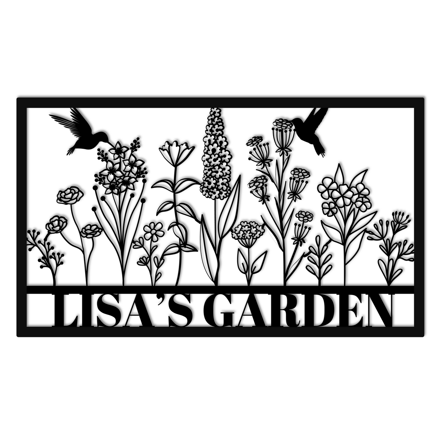 A wooden door with a decorative glass panel is set in a brick wall, flanked by a potted plant on the left and a wall-mounted lantern above an 18 gauge steel "Personalized Garden Garden Wall Art Sign" reading "Lisa's Garden.