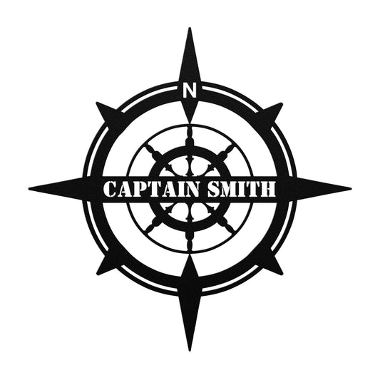 Introducing the Personalized Captain's Wheel Compass Metal Sign, crafted from 18 gauge steel. This unique design features a black nautical compass with "Captain Smith" elegantly displayed over a ship's wheel at its center—an ideal addition to your home decor.
