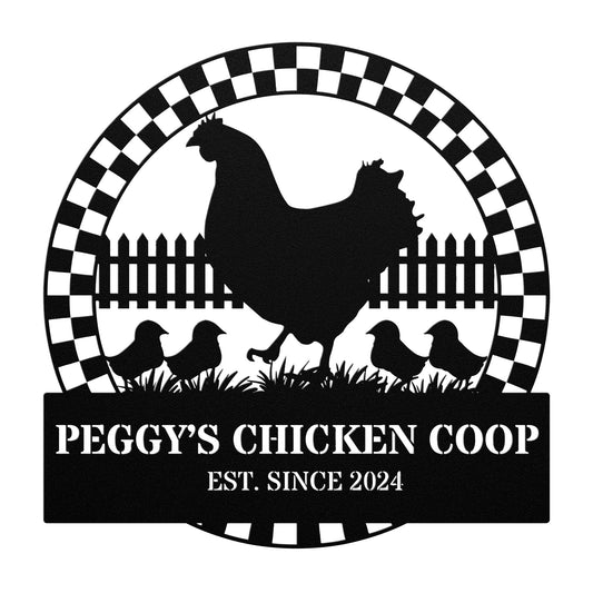 Silhouette of a chicken and chicks with a picket fence, encircled by a checkered border. This delightful metal sign features the text: "Peggy's Chicken Coop, Est. Since 2024." Ideal as home decor, the Personalized Chicken Coop Metal Sign is powder coated for durability and style.