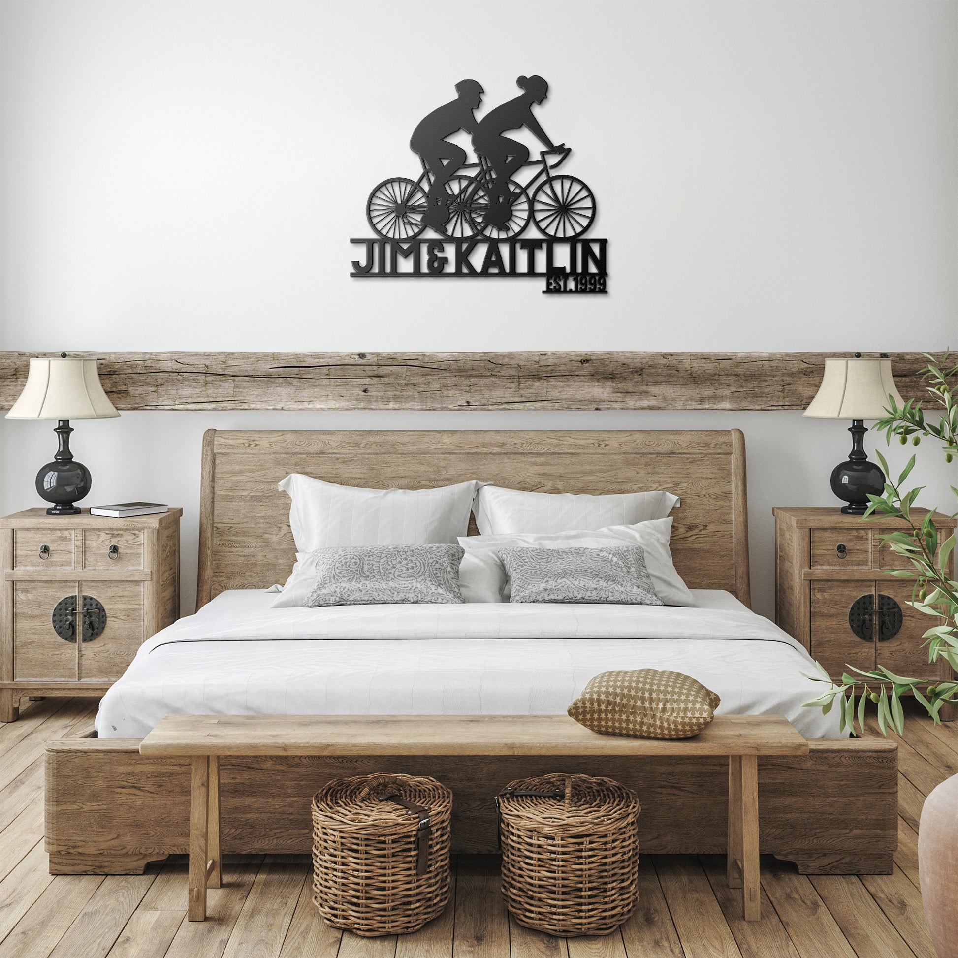 A bedroom with two teelaunch Personalized Couple Cycling Metal Wall Art Signs on the wall.