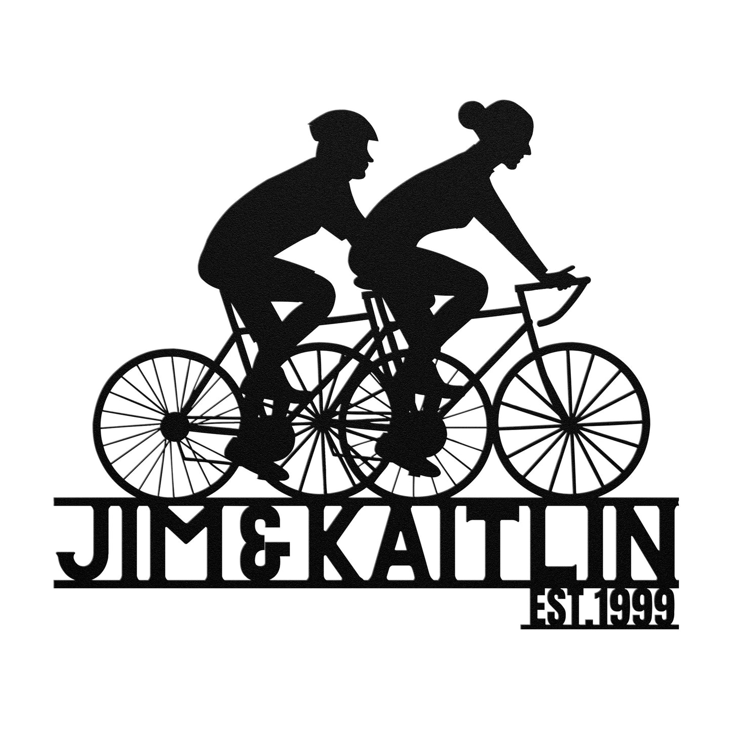 A Personalized Couple Cycling Metal Wall Art Sign from teelaunch, featuring a powder coated metal sign in the shape of a silhouette, showcasing a couple named Jim and Katie riding bicycles. Perfect for home decor.