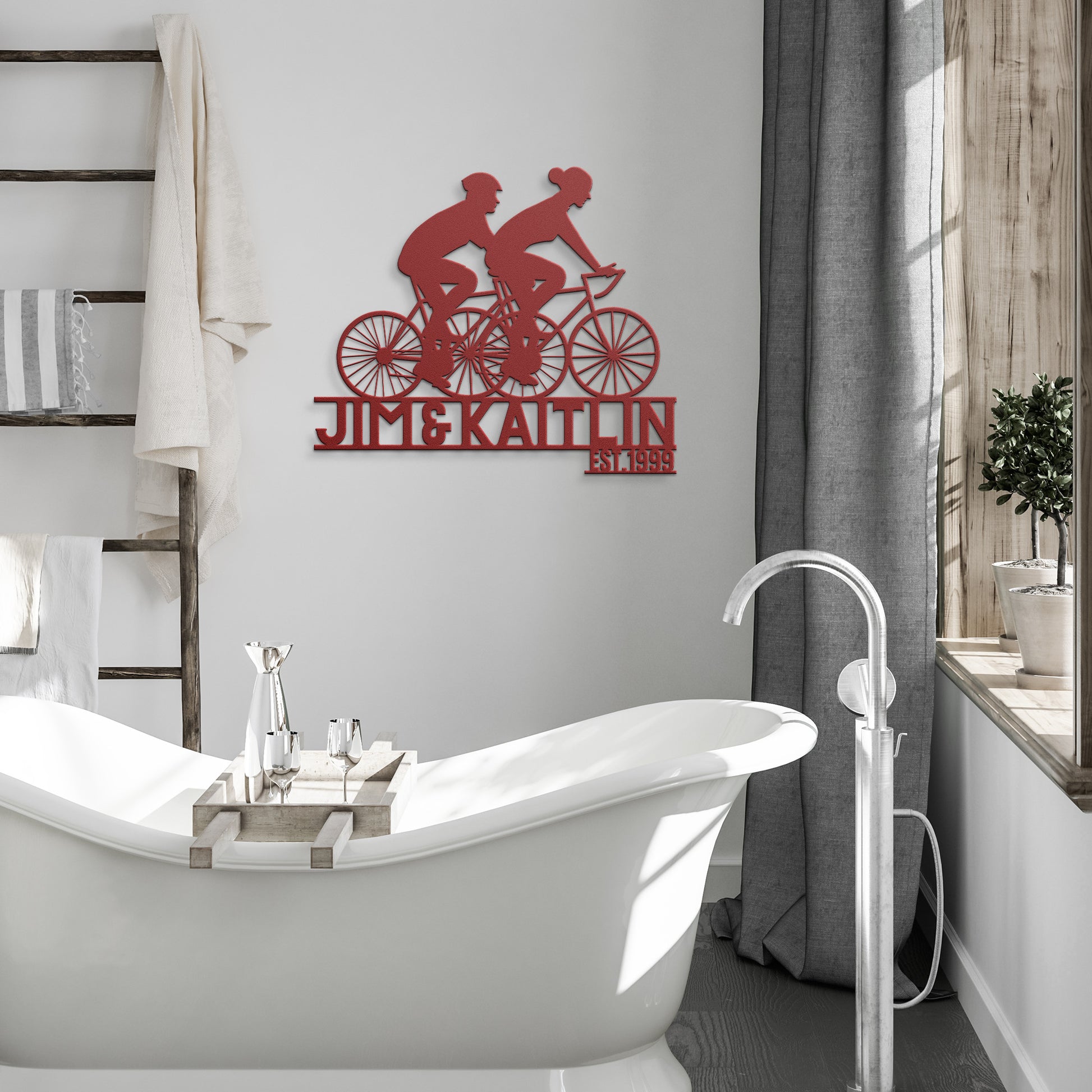 A teelaunch Personalized Couple Cycling Metal Wall Art Sign featuring a powder coated metal sign on the wall, along with a bathtub and a bike.