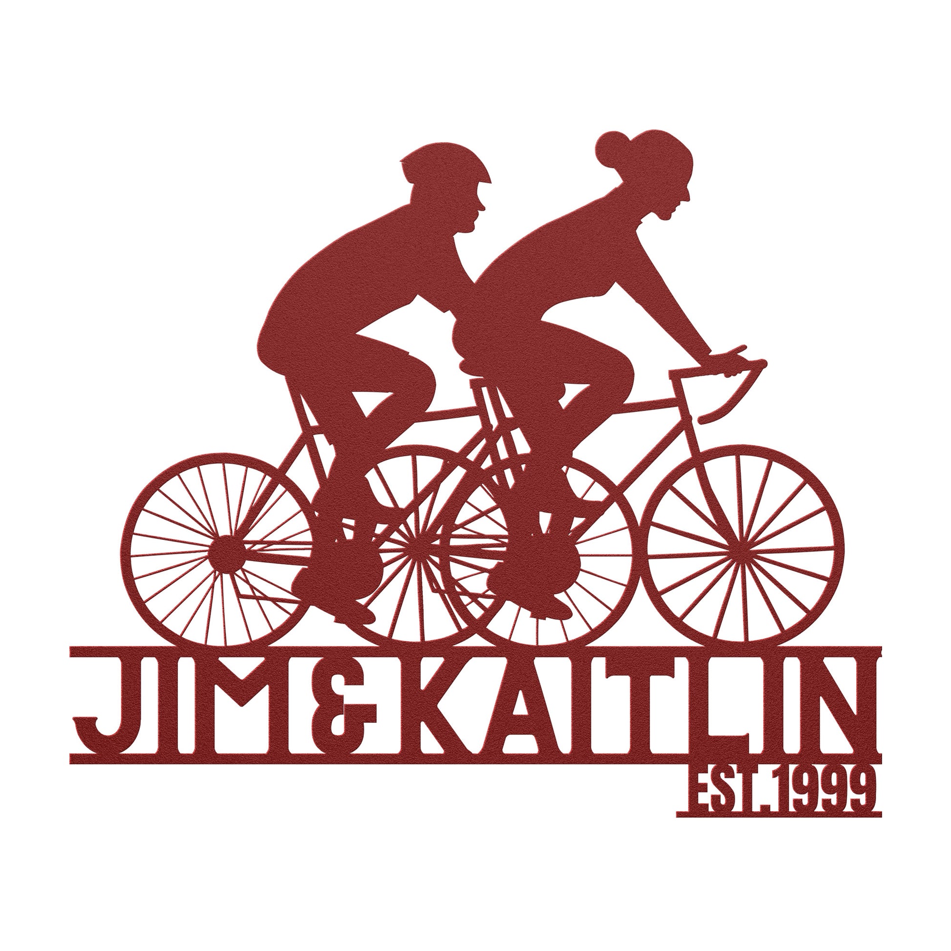 The teelaunch Personalized Couple Cycling Metal Wall Art Sign for Jim & Katie's bicycle shop.