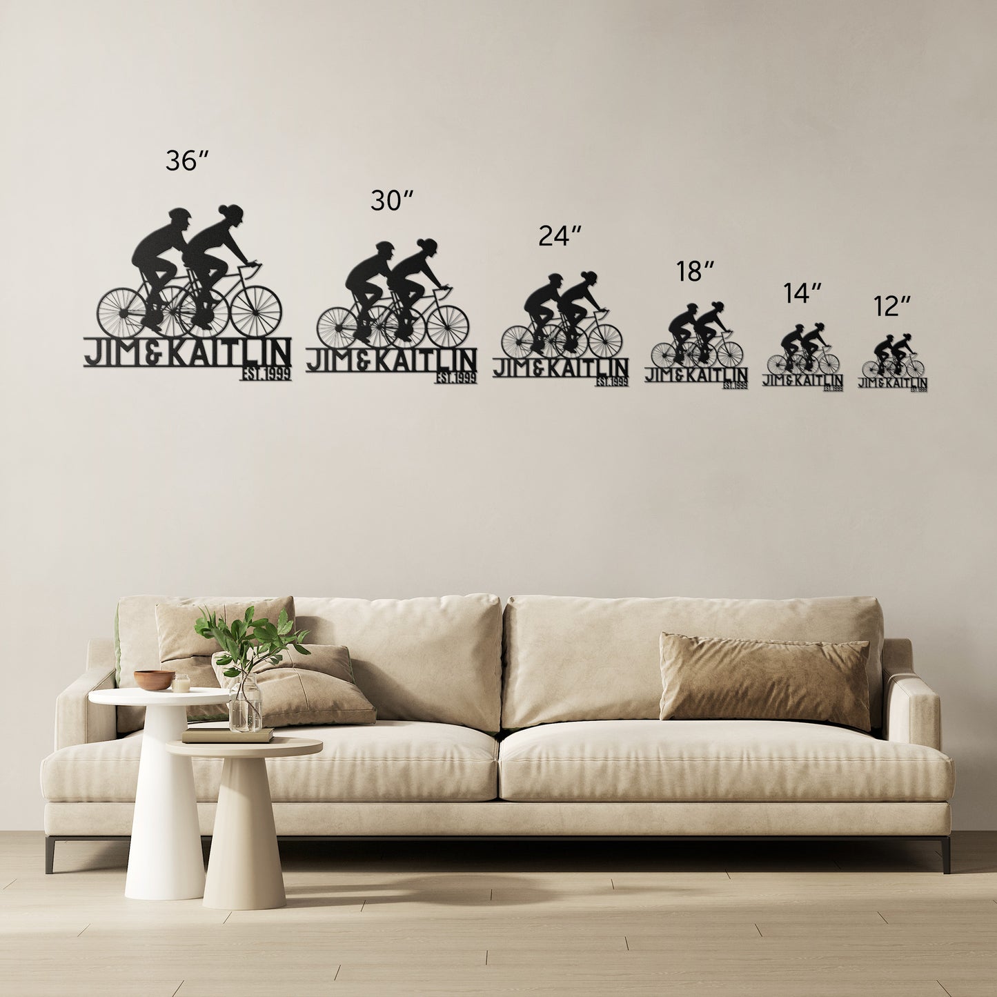 Enhance your home decor with a stunning living room featuring a teelaunch Personalized Couple Cycling Metal Wall Art Sign.
