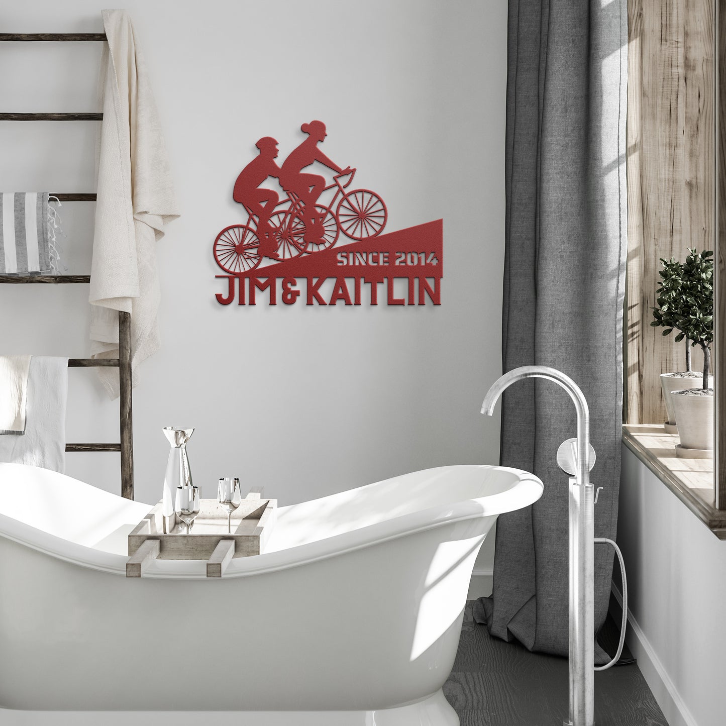 A bathroom with a bathtub and a teelaunch Personalized Couple Cycling Uphill Metal Wall Art Sign on the wall.