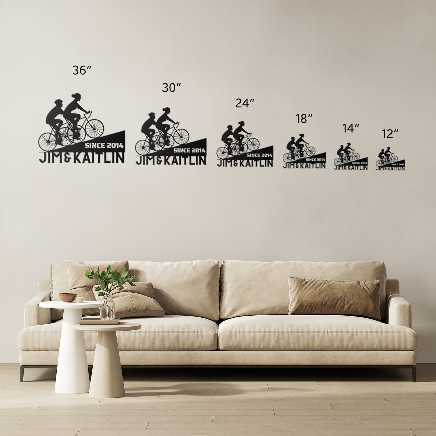 A Personalized Couple Cycling Uphill Metal Wall Art Sign, made from 18 gauge steel and powder coated for durability, manufactured by teelaunch.