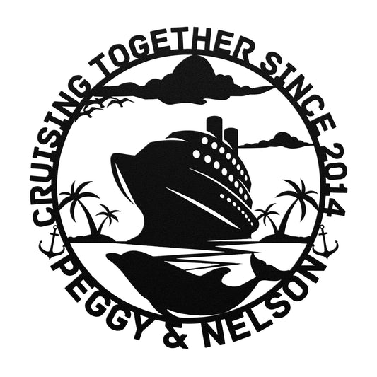 The Personalized Cruise Couples Metal Wall Art features a silhouette of a cruise ship, palm trees, and a dolphin on a powder-coated metal sign with the text: "Cruising Together Since 2014, Peggy & Nelson." It's the perfect addition to home decor.