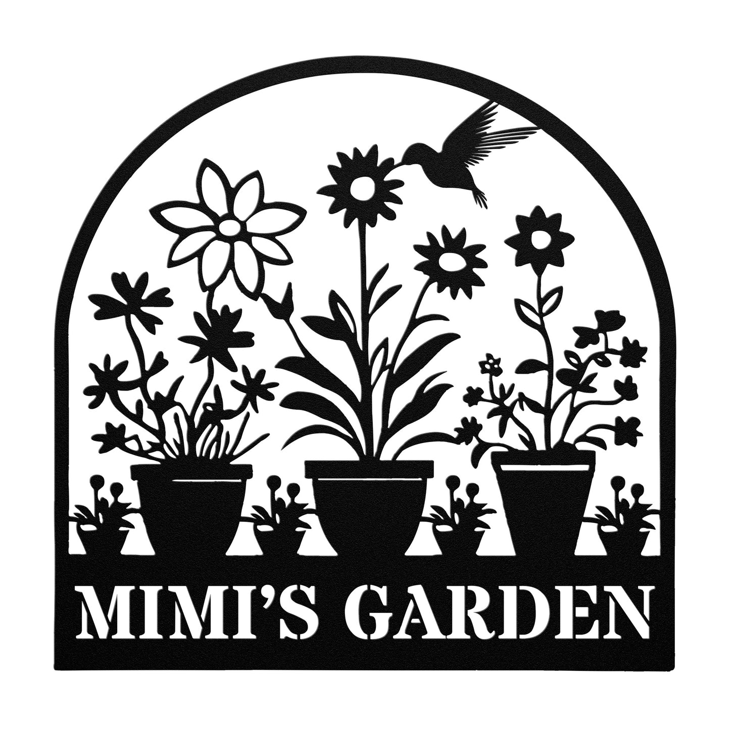 Product Description: Black and white illustration of potted flowers with a hummingbird hovering above, perfect for home decor. The text at the bottom reads, "Mimi's Garden," crafted on durable 18 gauge steel. This is our Personalized Garden Sign.