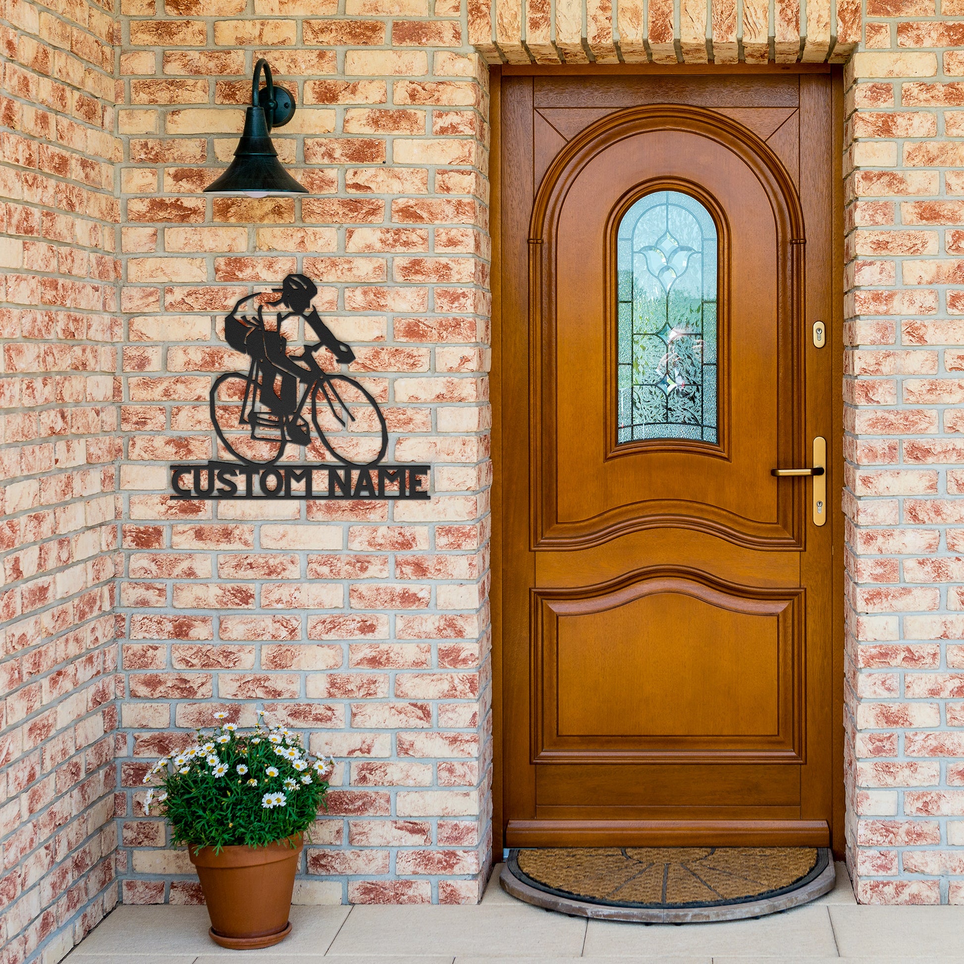 A teelaunch Personalized Gift For Cyclist - Cycling Metal Wall Art Sign featuring a wooden door with a bicycle on it.