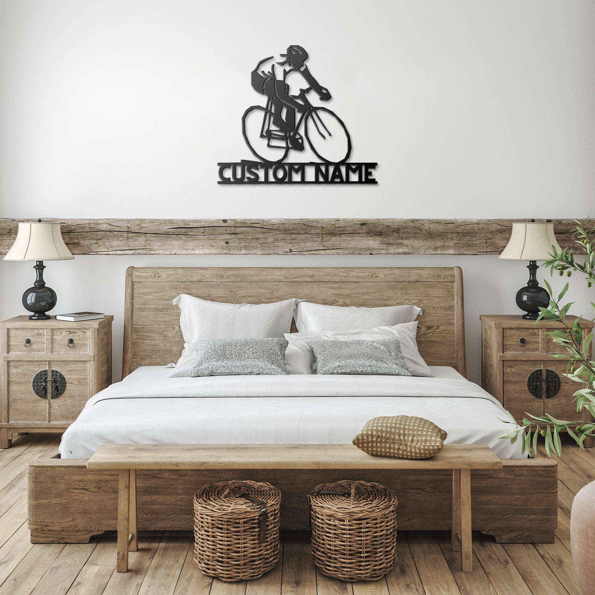A bedroom with a teelaunch Personalized Gift For Cyclist - Cycling Metal Wall Art Sign of a bicycle on the wall.