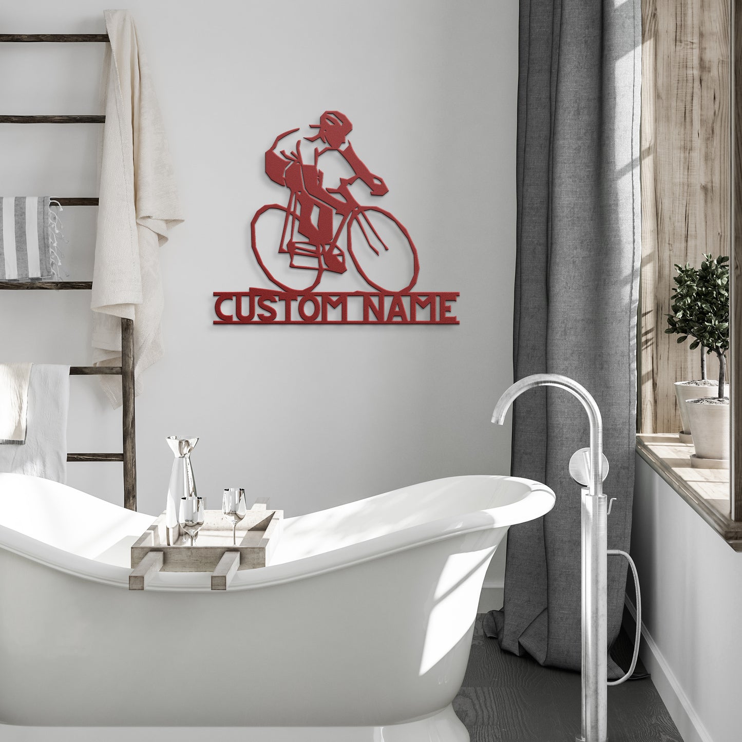 A bathroom with a bathtub and a teelaunch Personalized Gift For Cyclist - Cycling Metal Wall Art Sign on the wall.
