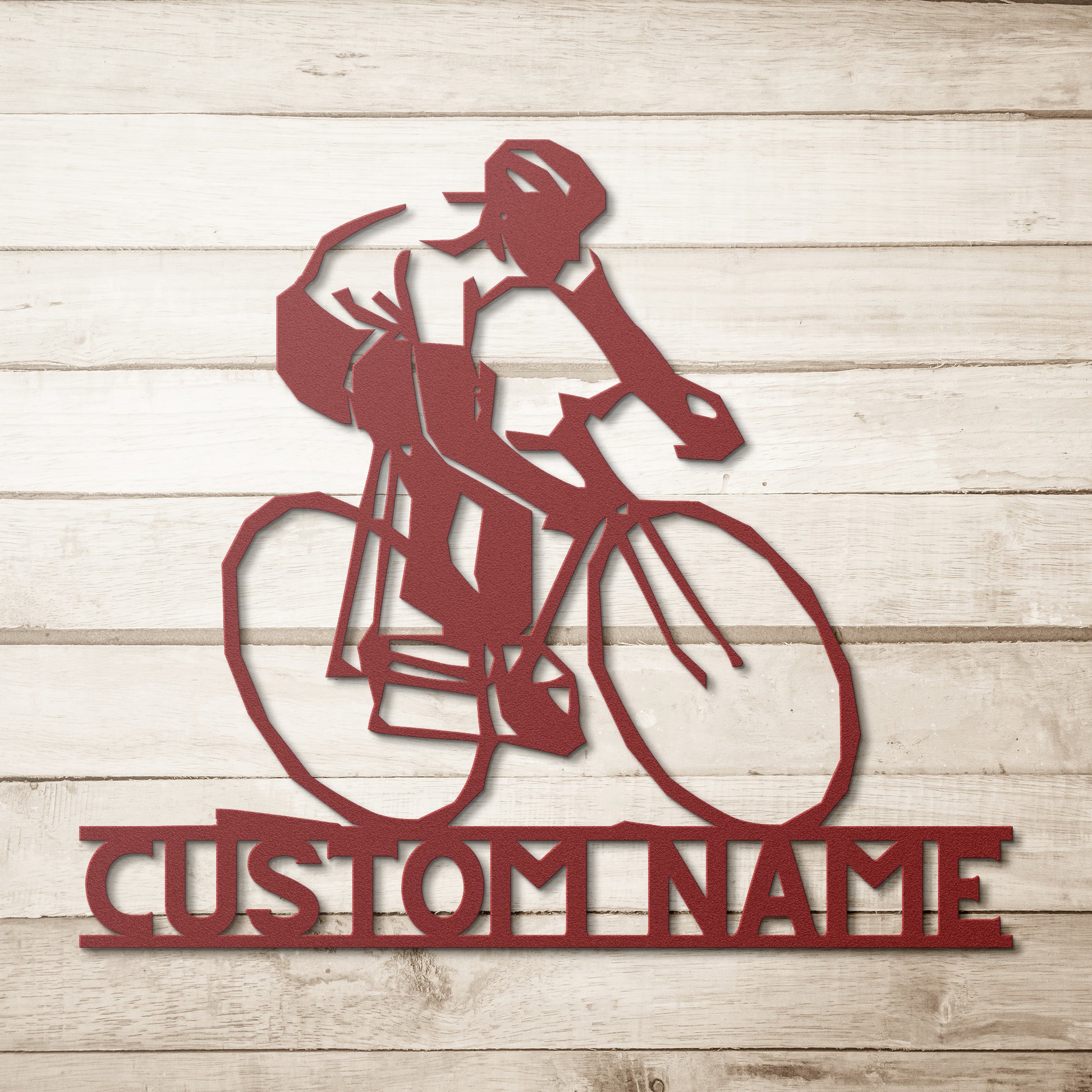 A teelaunch Personalized Gift For Cyclist - Cycling Metal Wall Art Sign featuring a bicycle rider silhouette on an 18 gauge steel background.