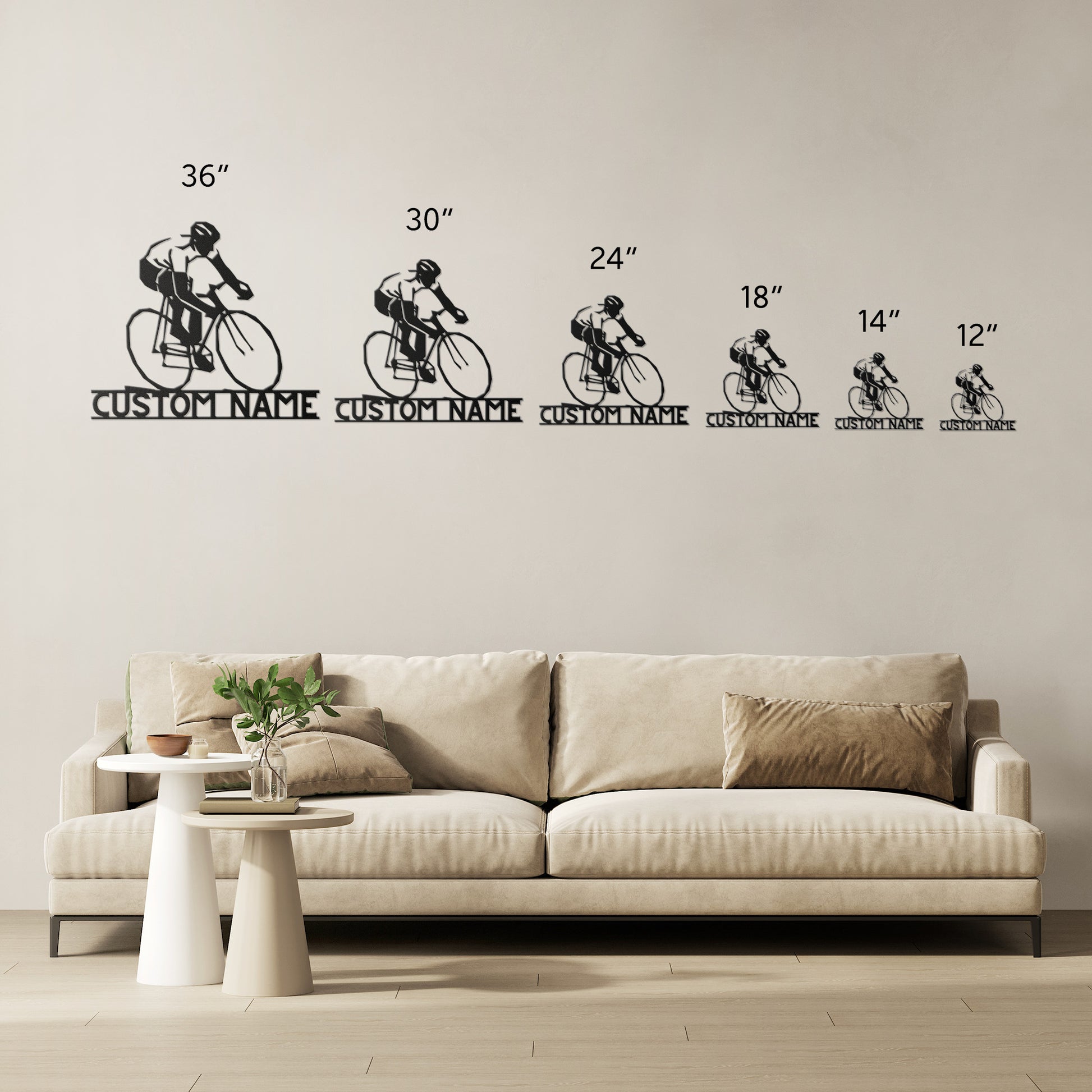 A living room with a teelaunch Personalized Gift For Cyclist - Cycling Metal Wall Art Sign.