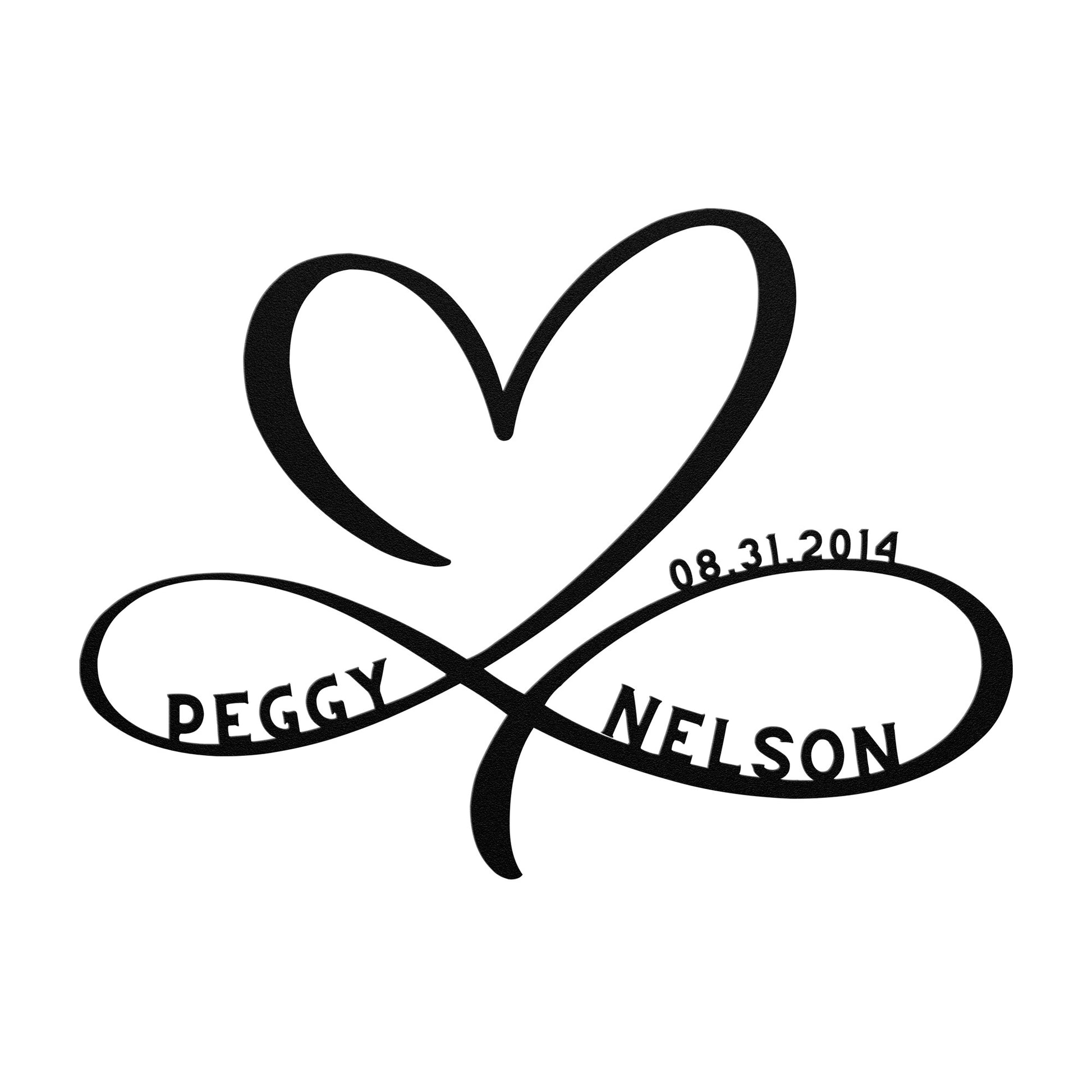 Peggy Nelson's wedding logo, featuring a teelaunch Personalized Infinity Love Heart Metal Art Sign perfect for home decor.