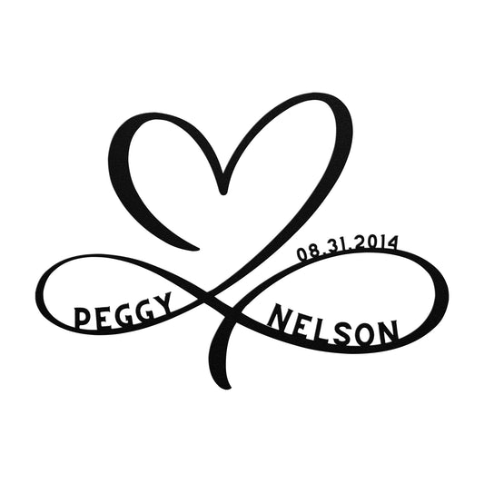 Peggy Nelson's wedding logo, featuring a teelaunch Personalized Infinity Love Heart Metal Art Sign perfect for home decor.