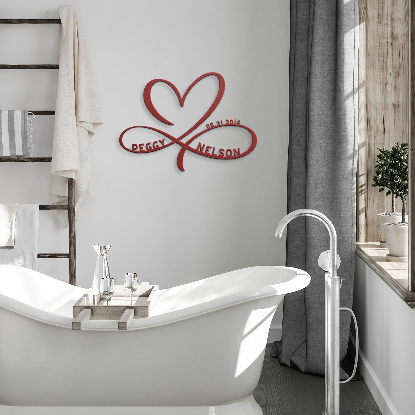 A teelaunch Personalized Infinity Love Heart Metal Art Sign that serves as home decor in a bathroom, featuring a bathtub and a red heart wall art.