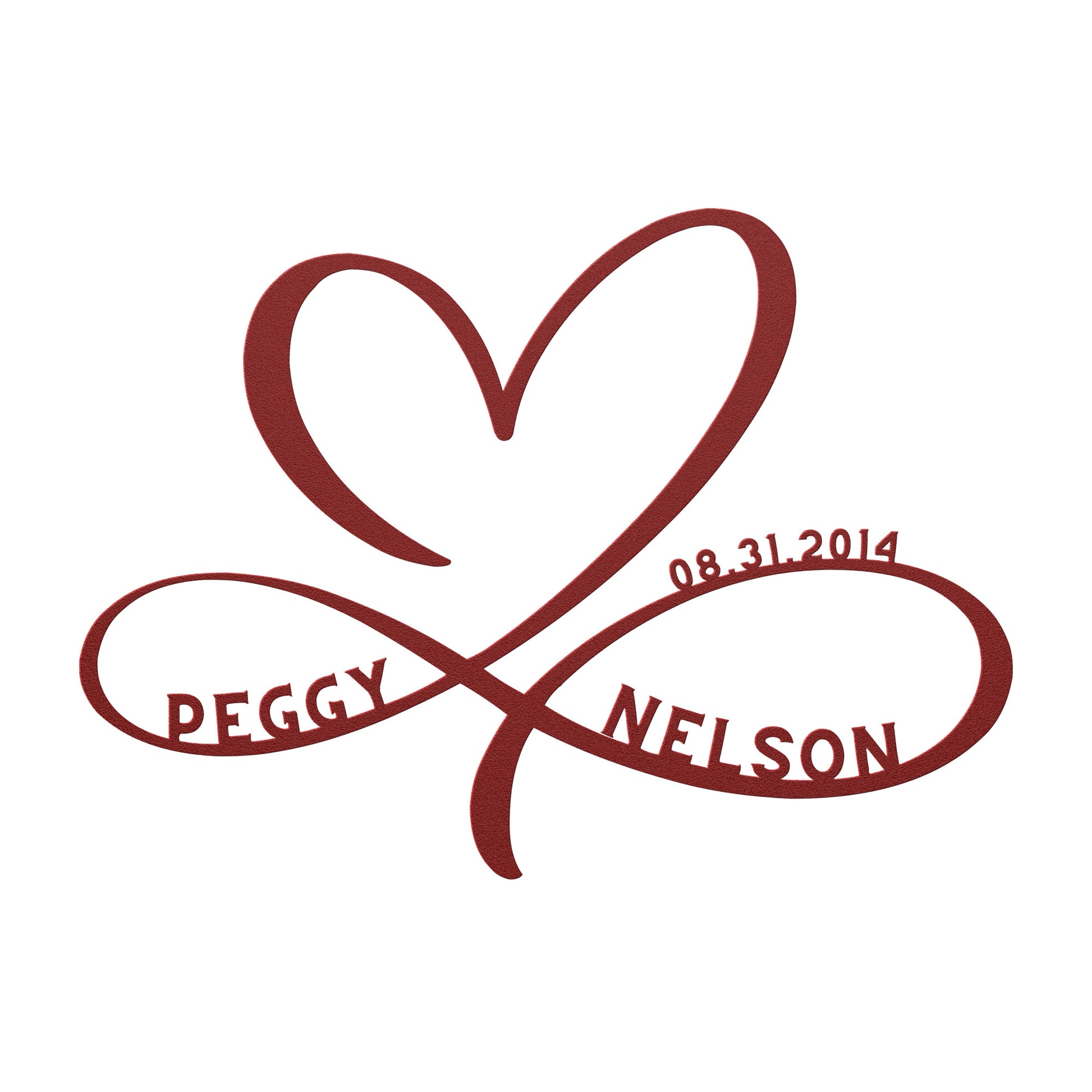 Peggy Nelson wedding logo on a teelaunch Personalized Infinity Love Heart Metal Art Sign.