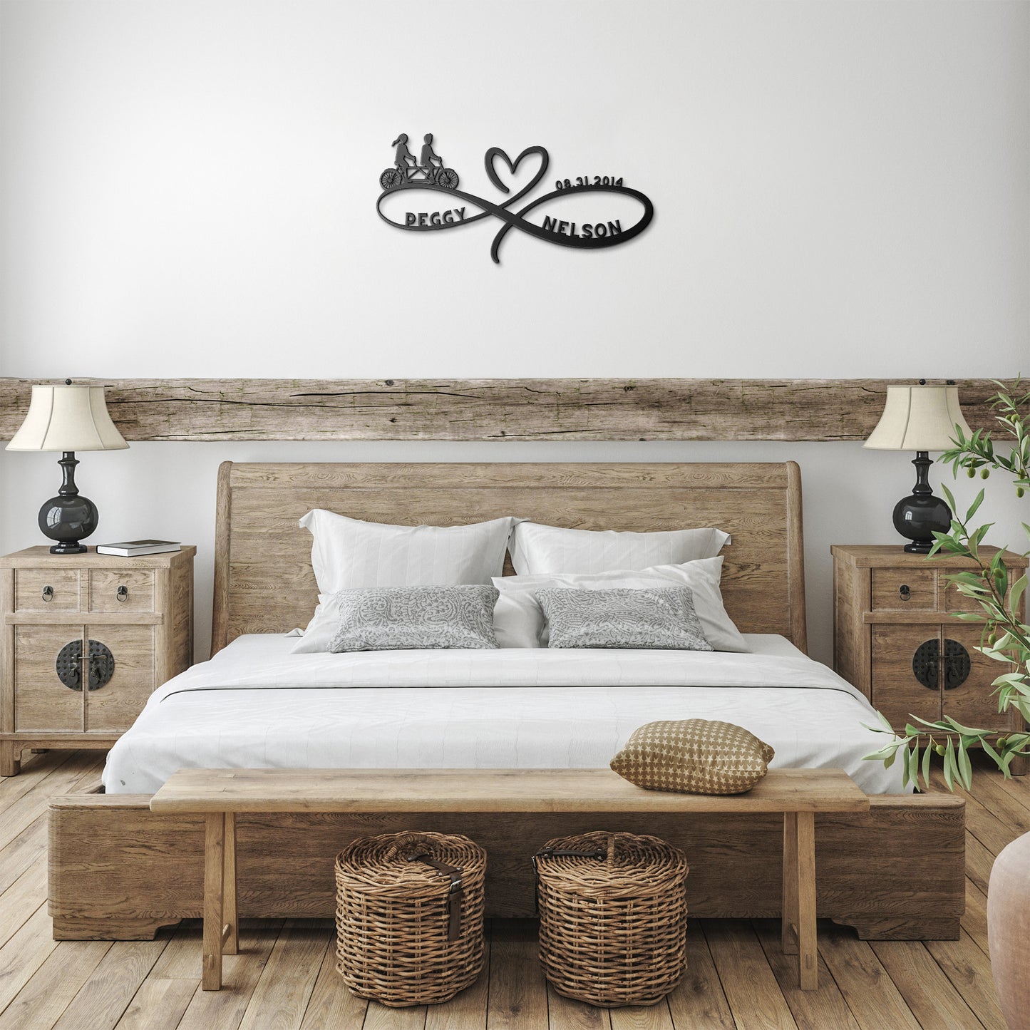 A bedroom with a teelaunch Personalized Infinity Love Heart Metal Sign For Cycling Couples and a powder-coated bedside table.