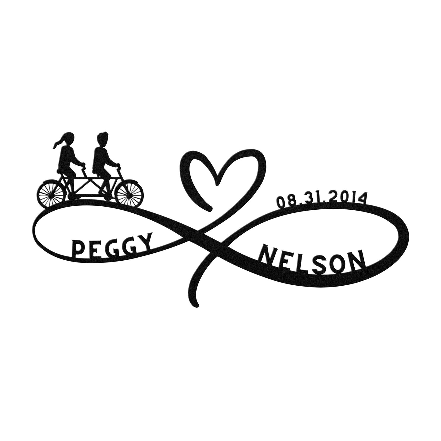 A black and white teelaunch metal sign of the Personalized Infinity Love Heart Metal Sign For Cycling Couples, perfect for home decor.