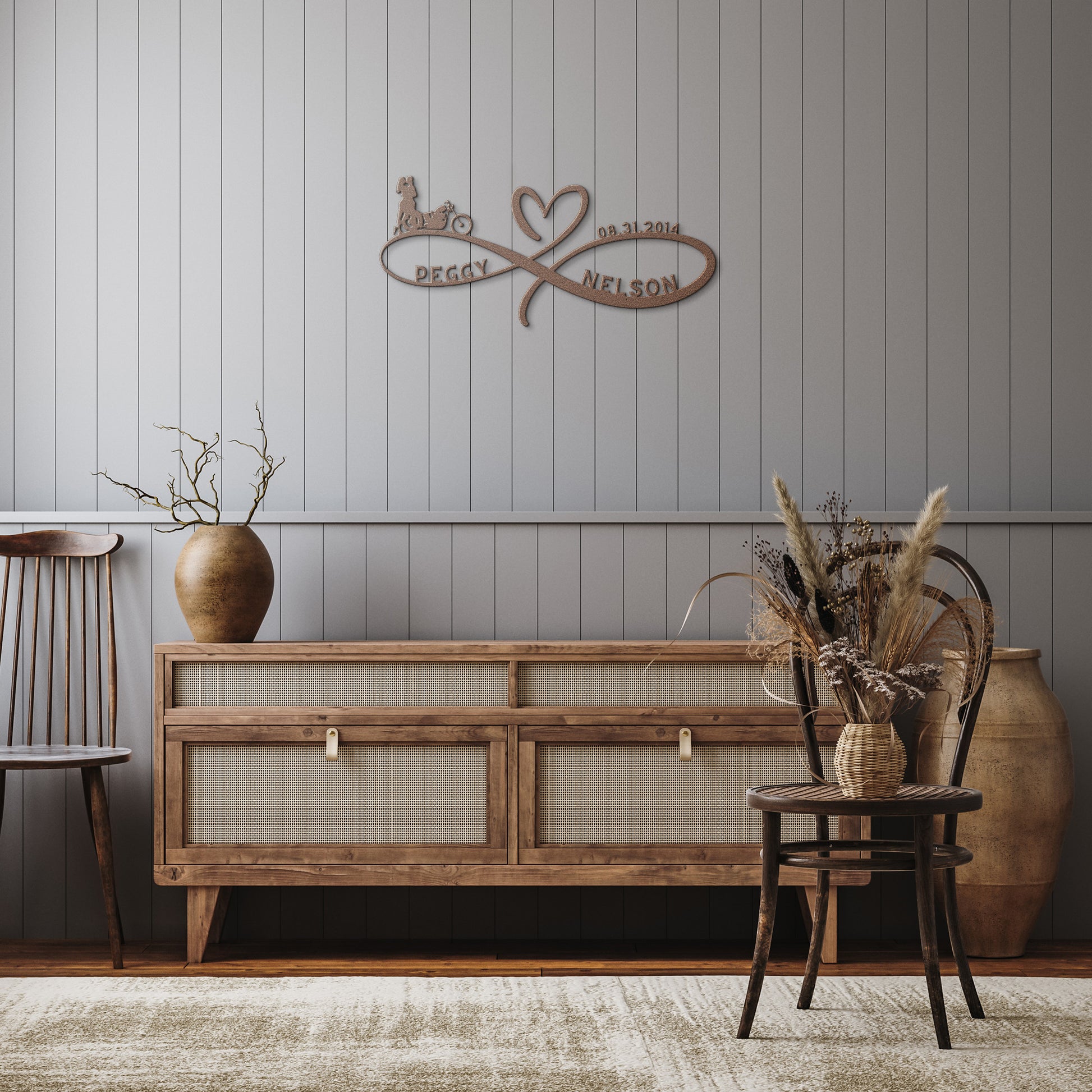 A wooden door with an arched, stained-glass window set in a brick wall. A lantern is mounted above the door, and a Personalized Infinity Love Heart Metal Sign For Biking Couples with the names "Peggy" and "Nelson" is attached to the wall next to it.