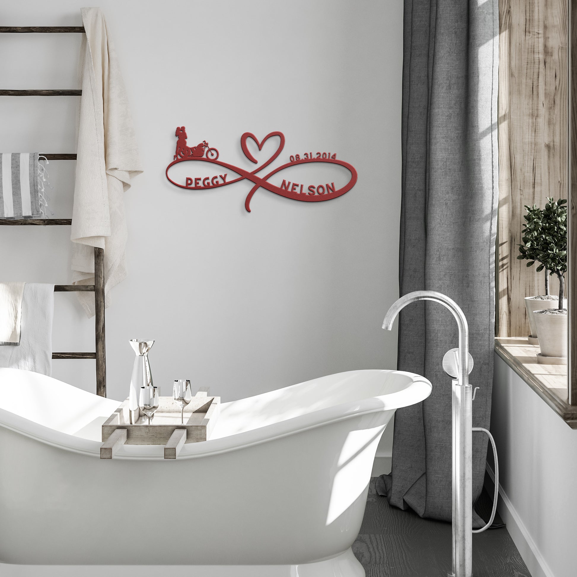 A wooden door with an arched, stained-glass window set in a brick wall. A lantern is mounted above the door, and a Personalized Infinity Love Heart Metal Sign For Biking Couples with the names "Peggy" and "Nelson" is attached to the wall next to it.