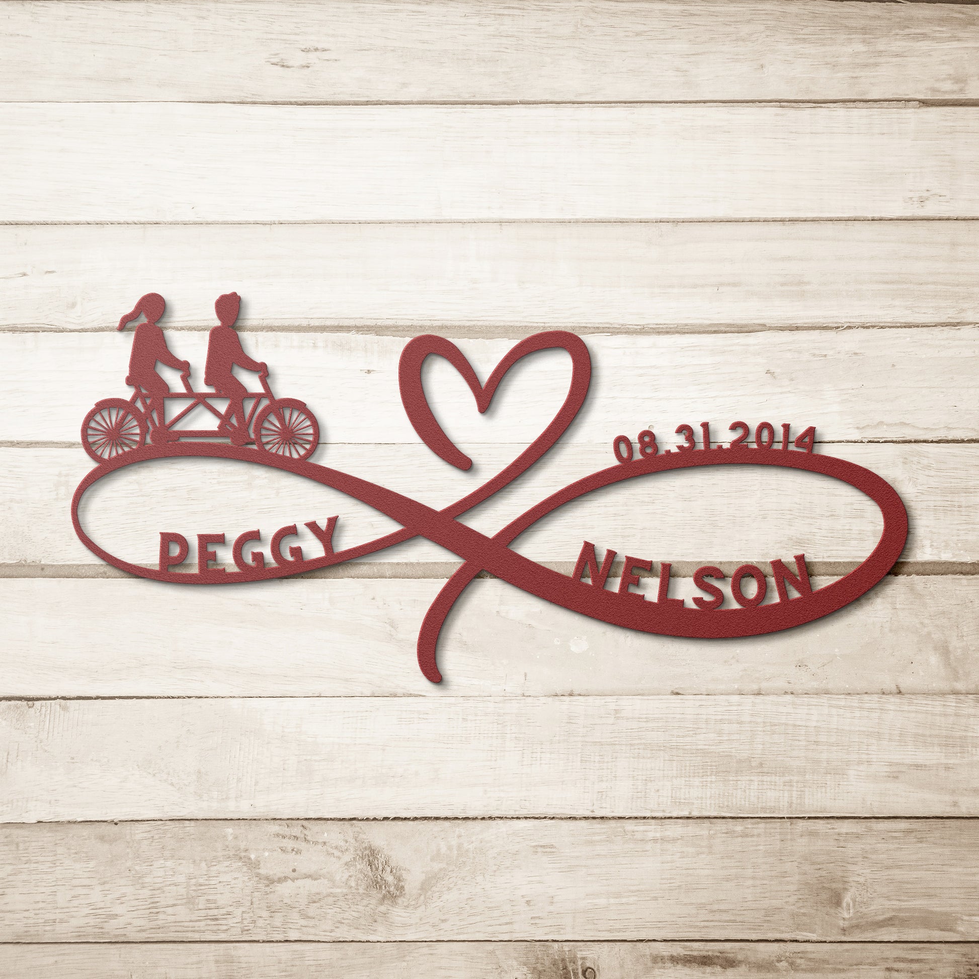 A teelaunch powder coated metal sign featuring the Personalized Infinity Love Heart Metal Sign For Cycling Couples, perfect for home decor.