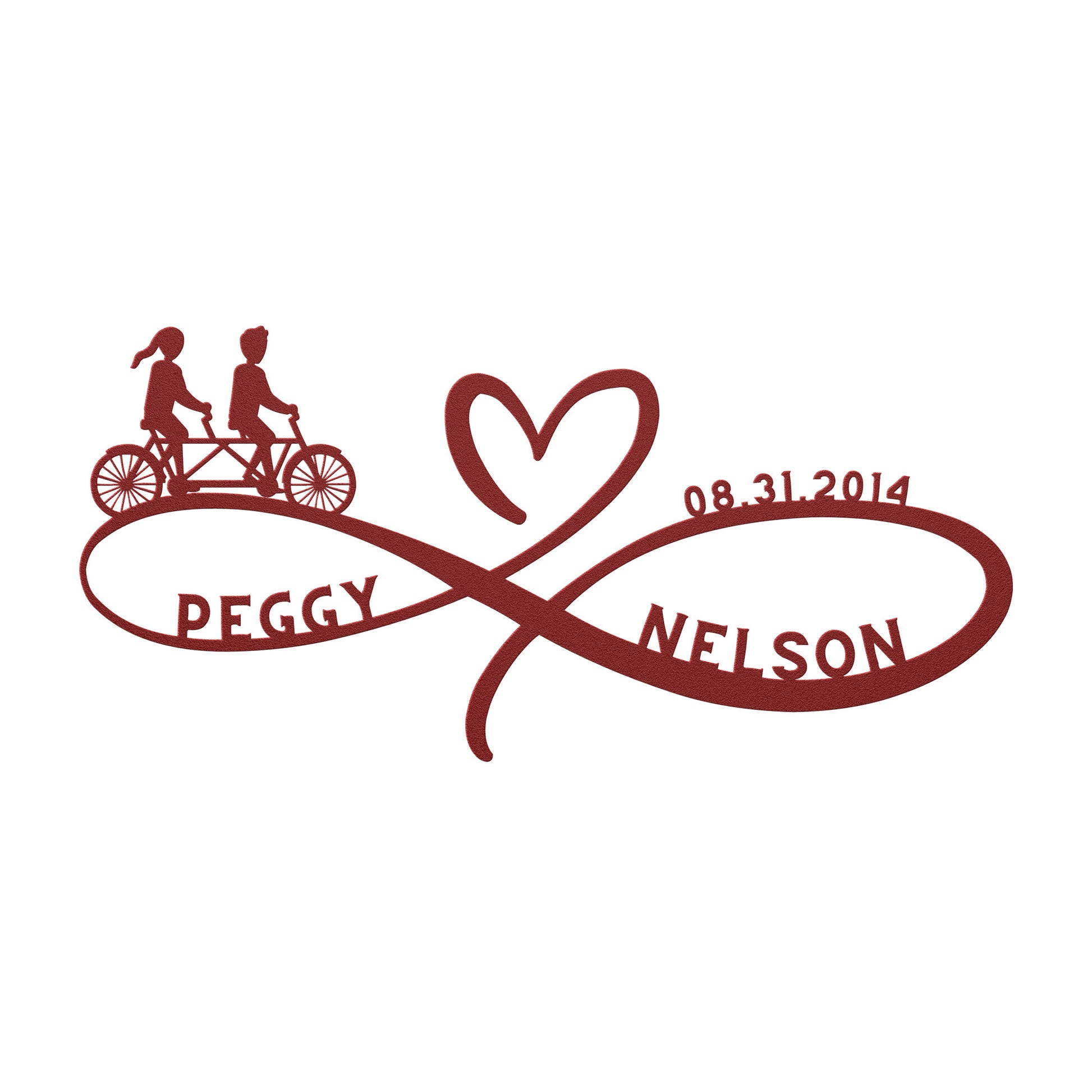 Peggy and Nelson wedding logo designed on a teelaunch Personalized Infinity Love Heart Metal Sign For Cycling Couples, enhanced with a flawless powder coated finish.
