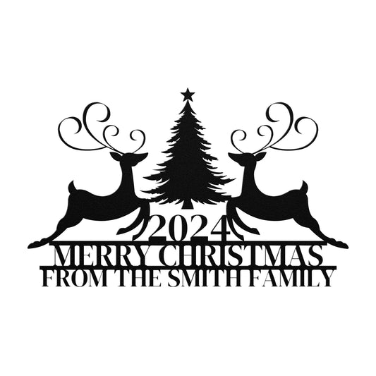 The Personalized Merry Christmas Metal Sign features a silhouette of two reindeer and a tree, elegantly crafted into an 18 gauge steel sign with the text "2024 Merry Christmas from the Smith Family." It's perfect for adding a festive touch to your home decor with its lasting beauty.