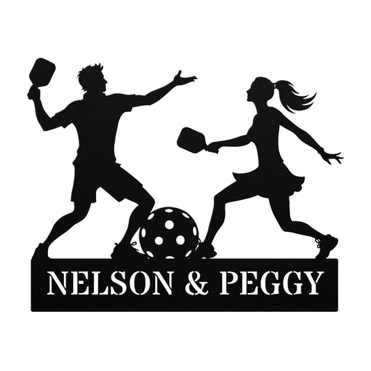 The Personalized Pickleball Couple Names Metal Sign features a silhouette of two people playing pickleball with paddles and a ball, crafted from durable 18-gauge steel. It showcases the names "Nelson & Peggy," adding a unique touch to your home decor.