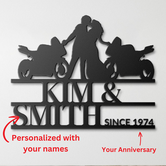 Custom Motorcycle Couple Metallic Wall Art featuring a silhouette of a motorcycle-riding couple with two dogs, personalized with the names "Kim & Smith" and the year "1974.