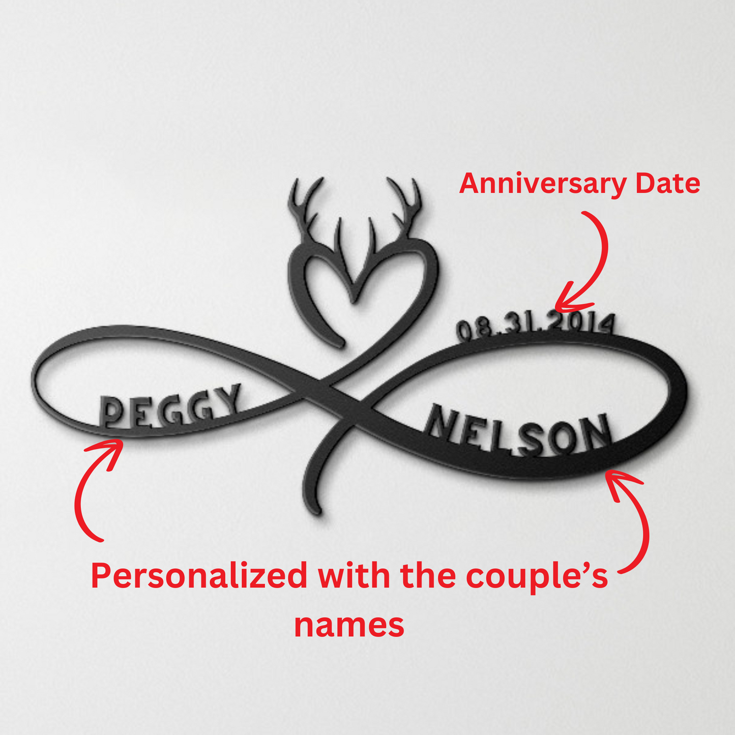 A wooden door with a decorative glass panel is set in a brick wall. A potted plant sits on the doorstep. The names "Peggy" and "Nelson" are elegantly displayed on a Personalized Infinity Love Heart Metal Sign For Hunting Couples, crafted from durable 18 gauge steel.