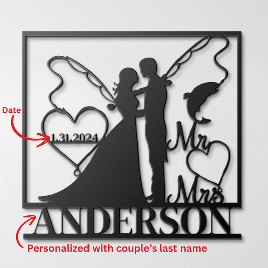 A black custom metal art of a bride and groom with fishing rods in their hands and linked hearts with their anniversary date Jan 31 2024, featuring their last name as Mr and Mrs Anderson in a decorative script.