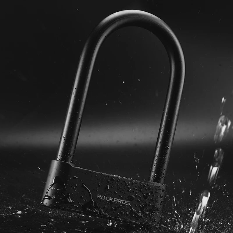 Image of a ROCKBROS Bicycle Lock Smart Fingerprint Bluetooth Lock Alloy Material USB Charging U-Shape Waterproof Durable Bike Accessories. The Smart Fingerprint Lock combines Bluetooth remote unlock and fingerprint unlock features, enhanced by a U-Shaped Double Lock Beam and risk of disconnection warning.