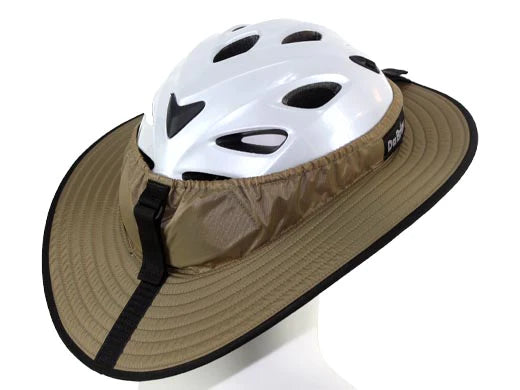 A helmet with the Da Brim Tan Sporty Cycling Helmet Visor Brim attached to provide protection from the sun while also enhancing wind performance.