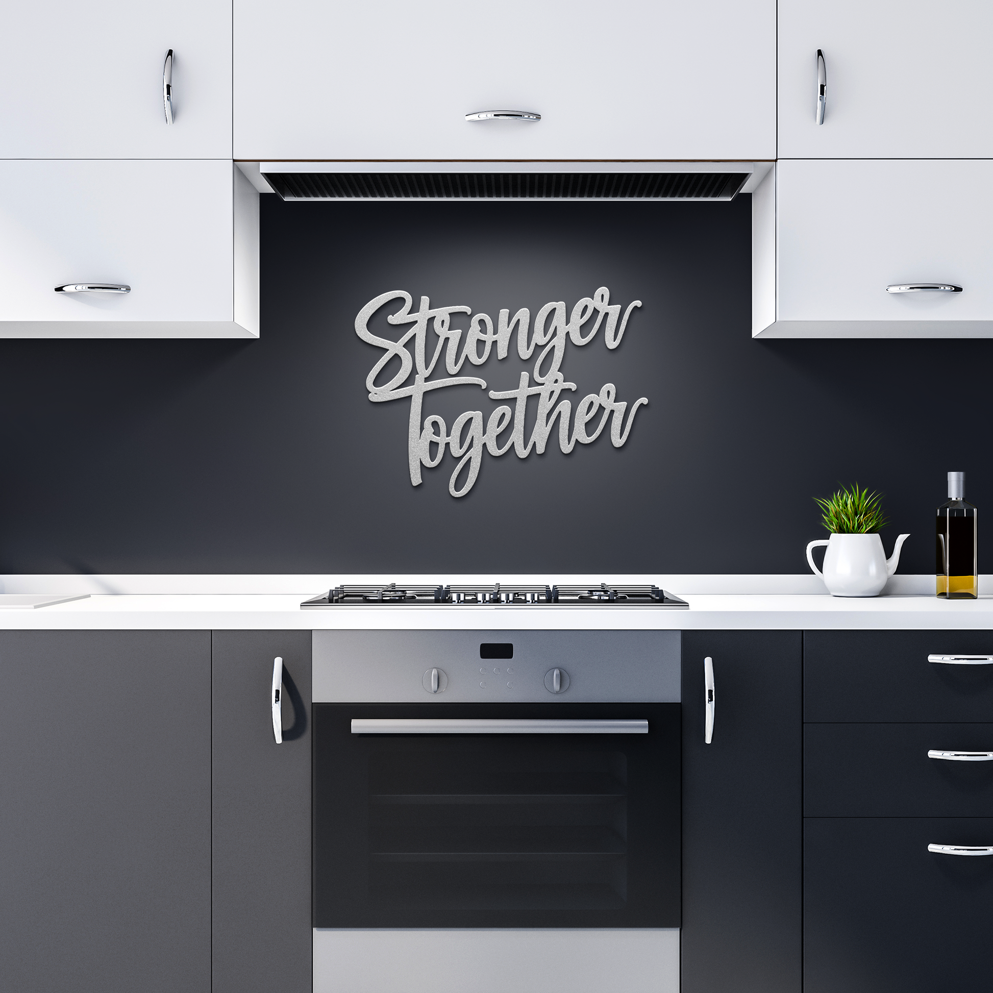 Stronger_Together_Metal_Sign_Silver_Dark_Kitchen_Mockup.png