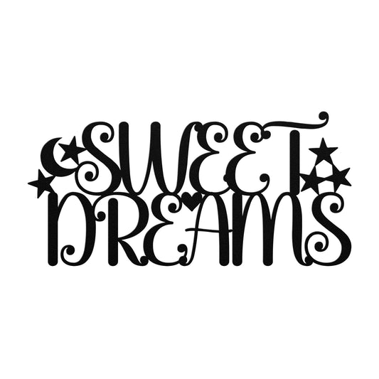 The "Sweet Dreams Metal Wall Art" features decorative black text with stars and a crescent moon, making it the perfect metal sign for your home decor.