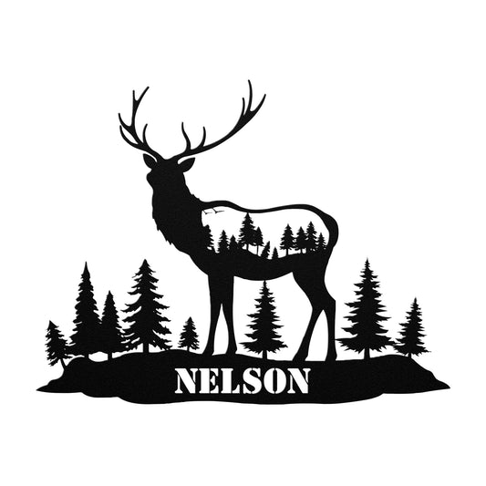 Introducing the "Updated Custom Hunting Metal Art" – a captivating silhouette of a stag featuring trees within its outline, expertly crafted from 18 gauge steel. Surrounded by elegantly detailed trees and personalized with the text "NELSON" at the bottom, this piece is perfectly designed to serve as eye-catching home decor.