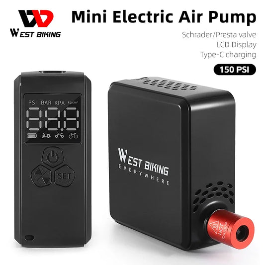 A WEST BIKING Bike Pump Portable Mini Electric Air Pump displayed with its lcd screen showing 150 psi, compatible with various valve types and Type-C charging.
