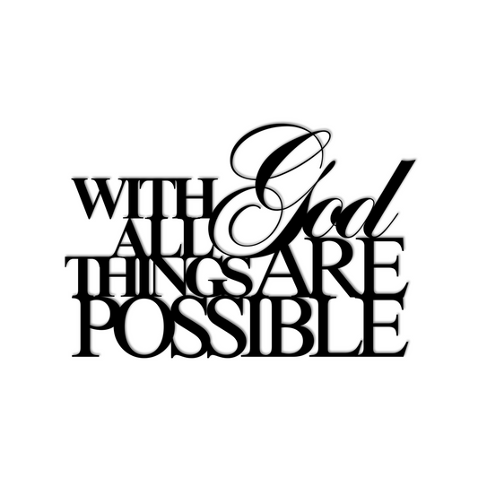 A brown arched wooden door with glass panels, a flower pot with white flowers on the left side, and the "With God All Things Are Possible Christian Metal Sign" on a brick wall, adds a touch of home decor charm.