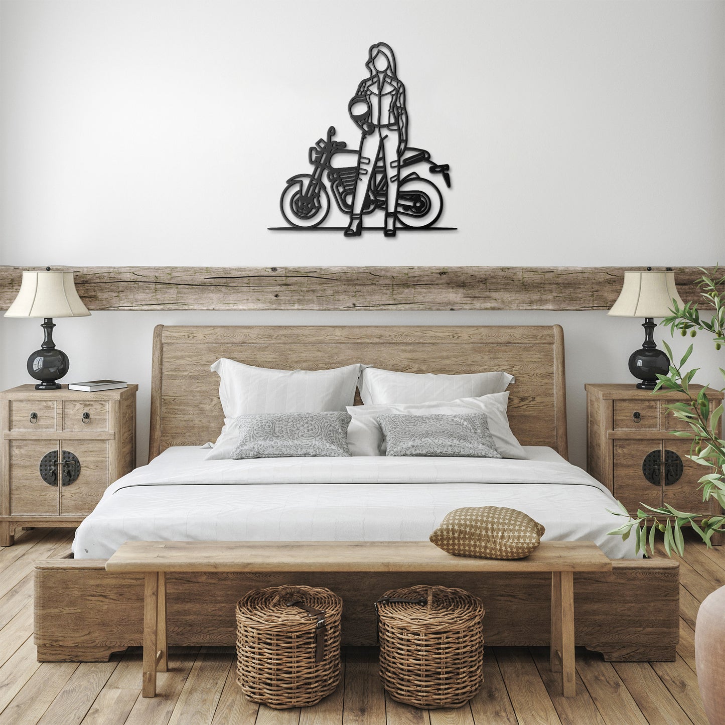 The "Woman Biker" features a faceless illustration of a person in motorcycle gear, standing beside a motorcycle and holding a helmet, crafted on an 18 gauge steel metal sign, making it an edgy piece of home decor.