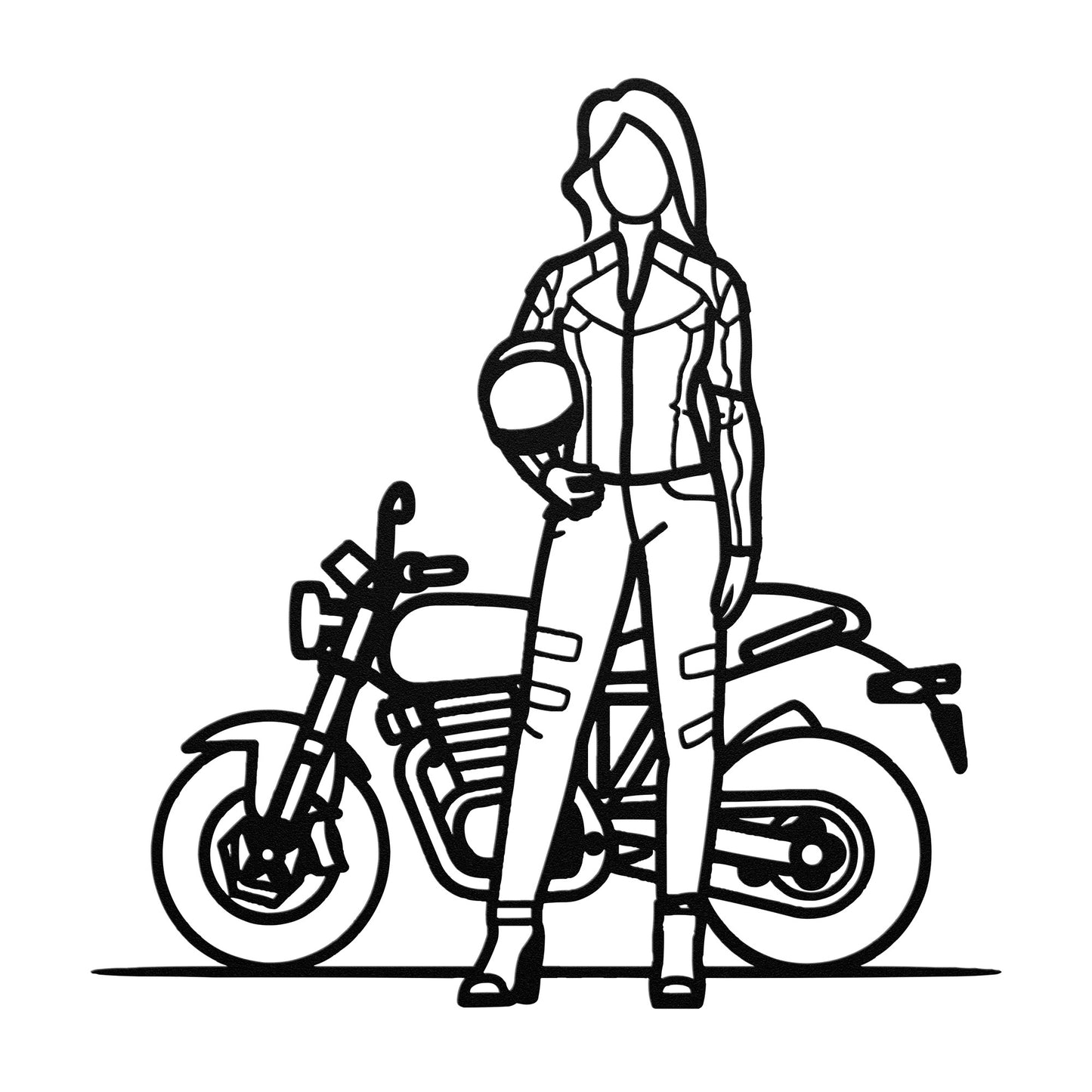 The "Woman Biker" features a faceless illustration of a person in motorcycle gear, standing beside a motorcycle and holding a helmet, crafted on an 18 gauge steel metal sign, making it an edgy piece of home decor.