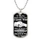 To My Son, Believe In Yourself - Dog Tag & Ball Chain pendant crafted from surgical steel, features a heartfelt message to a dad, with a black background and an image of a fist bump.