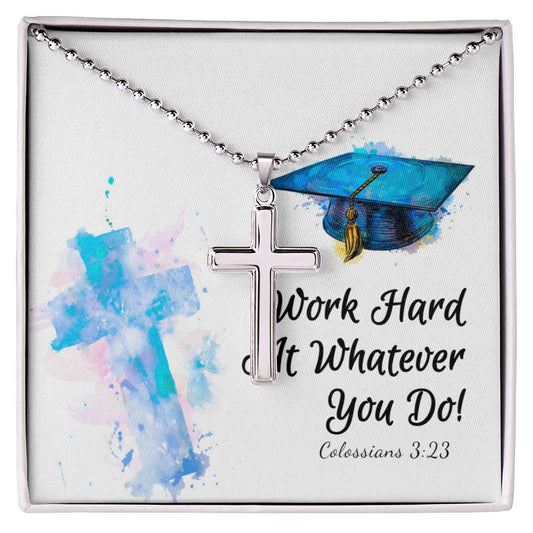 Stainless Steel "Work Hard" cross necklace with ball chain on a display with an inspirational message and a graduation cap illustration by ShineOn Fulfillment.