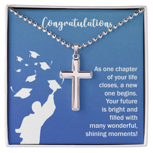 A Future Is Bright cross necklace presented in a gift box with a congratulatory message for a life milestone by ShineOn Fulfillment.