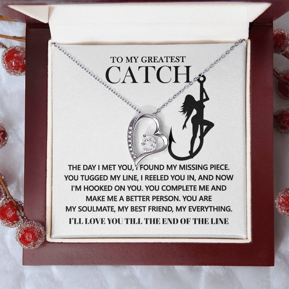 The Soulmate-Hooked On You Forever Love Necklace features a heart-shaped pendant with sparkling cubic zirconia stones on an elegant white gold finish card, perfectly conveying deep love and appreciation.