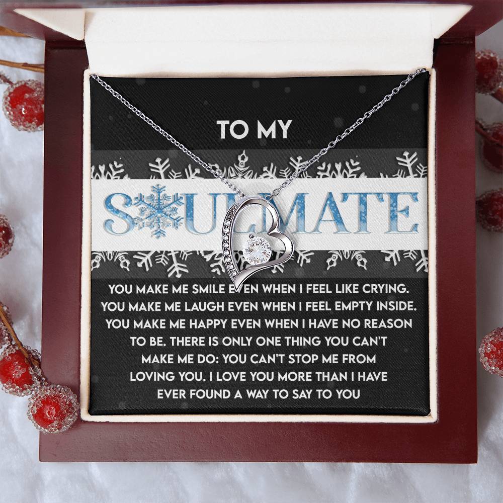 A Soulmate-Loving You - Forever Love Necklace with a heart pendant embellished with a sparkling cubic zirconia stone, nestled in a box labeled "To My Soulmate," and elegantly adorned with red berry decorations.