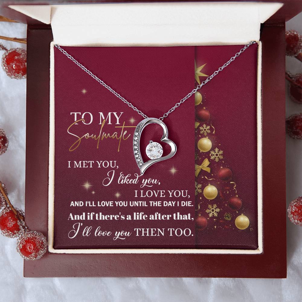 The Soulmate-Love You Then - Forever Love Necklace is beautifully displayed in an open box with a romantic card featuring a Christmas tree. With its sparkling cubic zirconia stone, it captures timeless affection, making it the perfect gift for your soulmate.